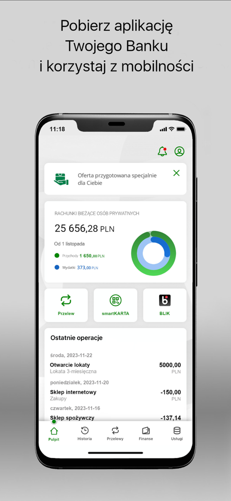Express Bank - Express Bank mobile app dashboard displaying account balance transaction history and financial charts in Polish