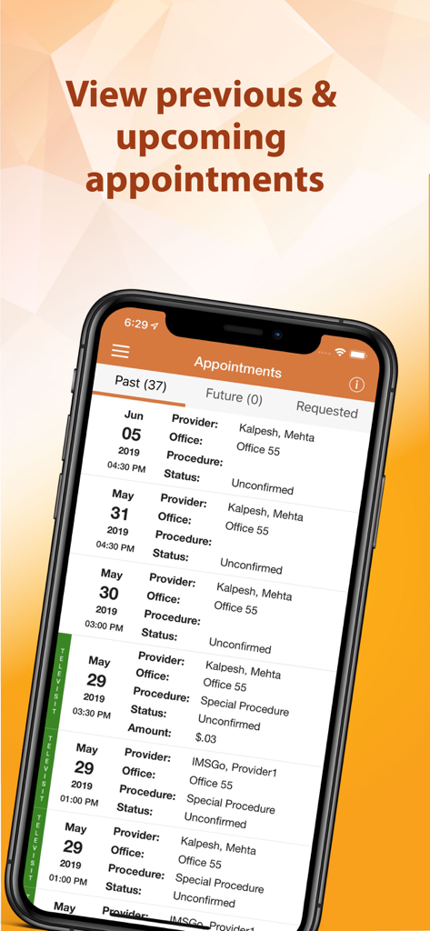 A smartphone screen displaying the past medical appointments section in the IMS Patient App with provider names and dates