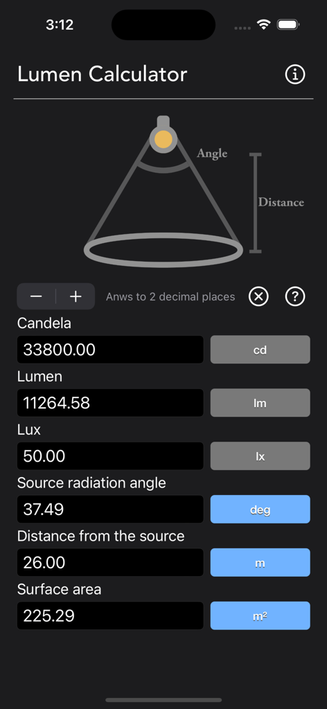 Lumen Calculator - Lumen Calculator App-Oberfläche, die Lichteinheitenumrechnungen für Candela, Lux und Lumen mit einem Lichtkegeldiagramm anzeigt