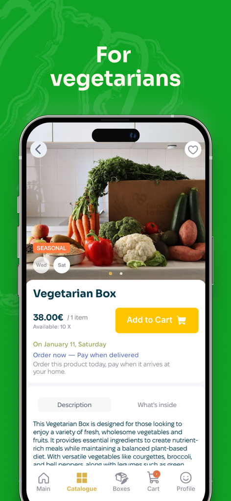 FarmToHome: Buy from Farmers - FarmToHome app screen showing a seasonal vegetarian box of fresh vegetables for delivery