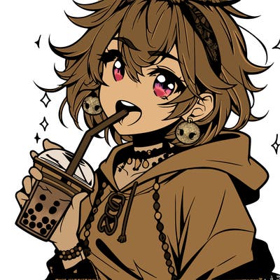 hot baddie anime girl drinking boba and biting the straw