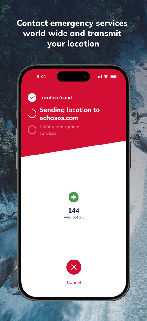 EchoSOS - A smartphone displaying the EchoSOS app interface for sharing location with emergency services.