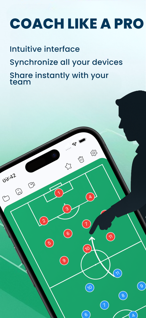 Tactics Board - Soccer - A coach using a soccer tactics app on a smartphone to plan team formations and player movements