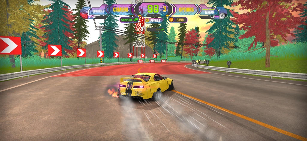 Project Drift 2.0 - Un deportivo JDM amarillo derrapando en una carretera de montaña con humo de neumáticos en Project Drift 2.0