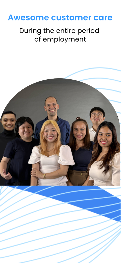 We Are Caring - Hire your maid - Um grupo diversificado de membros sorridentes da equipe de suporte para a plataforma de contratação ética We Are Caring