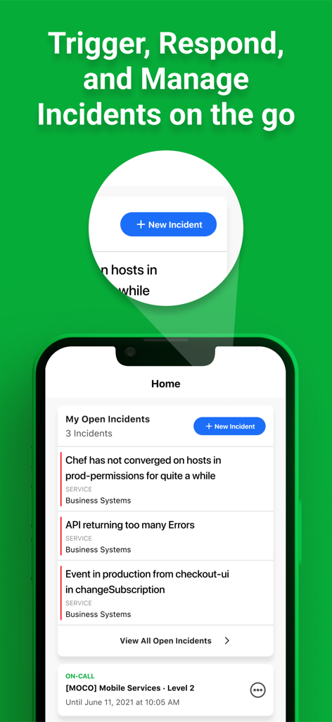 Pantalla de inicio de la aplicación móvil PagerDuty mostrando incidentes abiertos y un botón para activar un nuevo incidente
