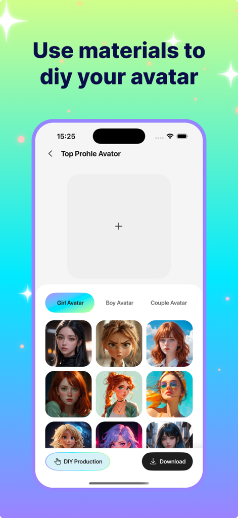 Mobile app interface showing a selection of AI-generated female avatars for social media profiles.