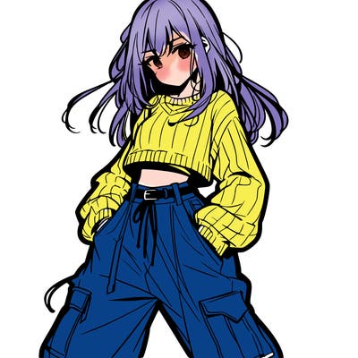 anime teen girl with baggy pants and crop top with sweater