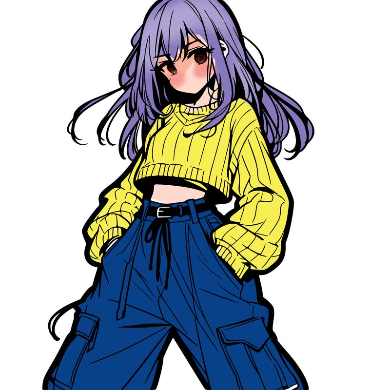 anime teen girl with baggy pants and crop top with sweater