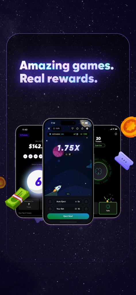 Yotta: Play and Win. - Smartphone screens showing Yotta skill based games and real rewards against a starry background