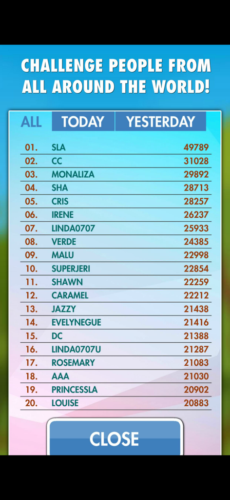 Spelling Challenge Game - Tabla de clasificación mundial TOP20 que muestra las puntuaciones más altas en Spelling Challenge Game