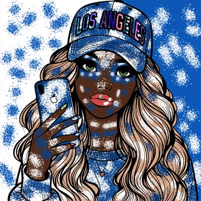 realistic beautiful girl wearing los ángeles cap holding an iphone