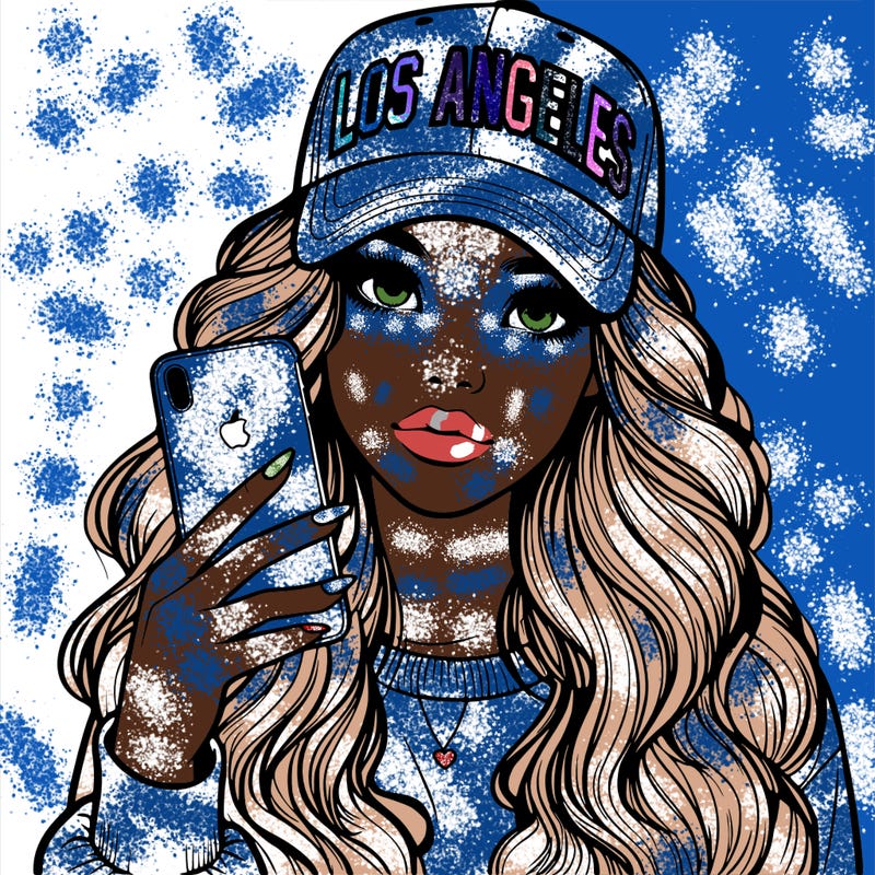 realistic beautiful girl wearing los ángeles cap holding an iphone