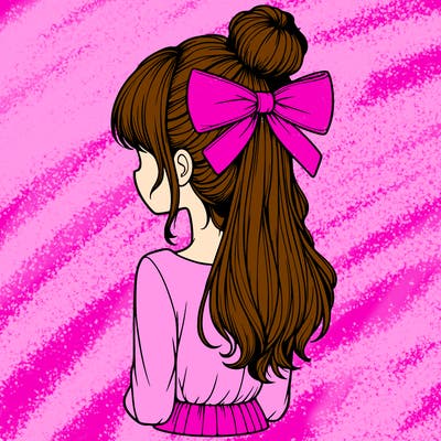realistic girl  with hip length hair a bun and a big bow on the back of head