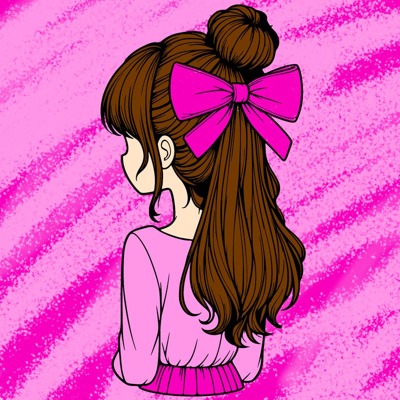 realistic girl  with hip length hair a bun and a big bow on the back of head