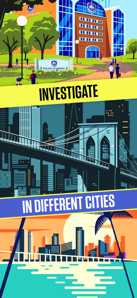 CRIMO - Graphic illustration of CRIMO game locations including the Police Academy, New York City, and Miami with the text Investigate in Different Cities