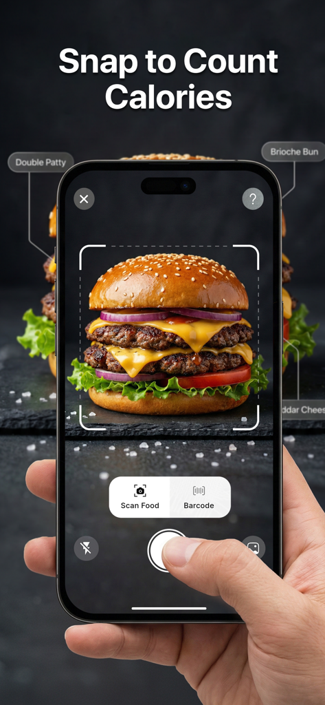 AI Calorie Counter - Scan Food - Uma mão segurando um iPhone usando o aplicativo Contador de Calorias por IA para escanear um hambúrguer para reconhecimento de calorias e ingredientes.