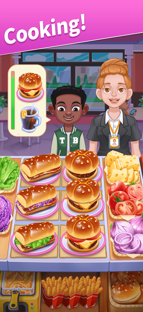 A chef serving burgers and drinks to a customer in a restaurant