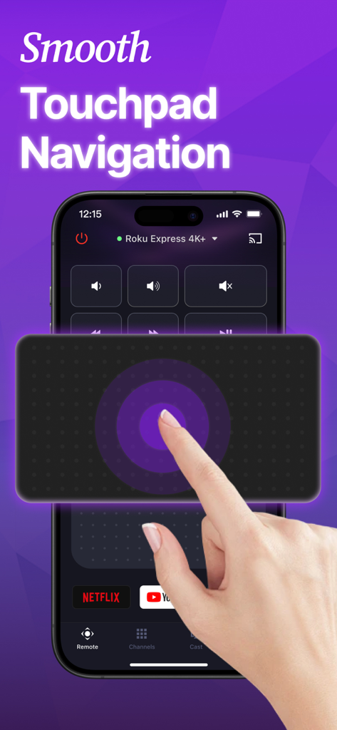 Remote for Roku TV Control· - Tela de aplicativo de smartphone mostrando navegação suave por touchpad para controle de TV Roku com uma mão interagindo com a interface