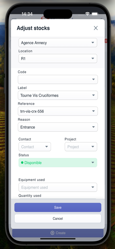 Monstock - Monstock app interface showing a stock adjustment form with location and product details on a mobile device