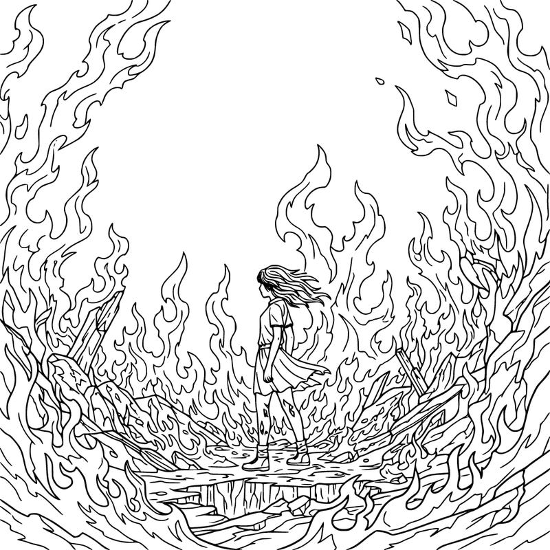 there is fire evey where and a girl standing