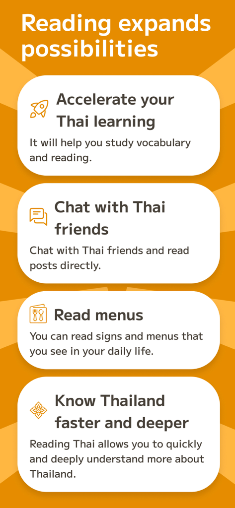Infographic showing the advantages of reading Thai such as accelerated learning chatting with friends and reading menus