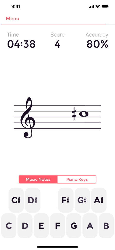 Music Tutor Plus - Music Tutor Plus app interface for a timed music note recognition session showing a treble clef note and letter input buttons