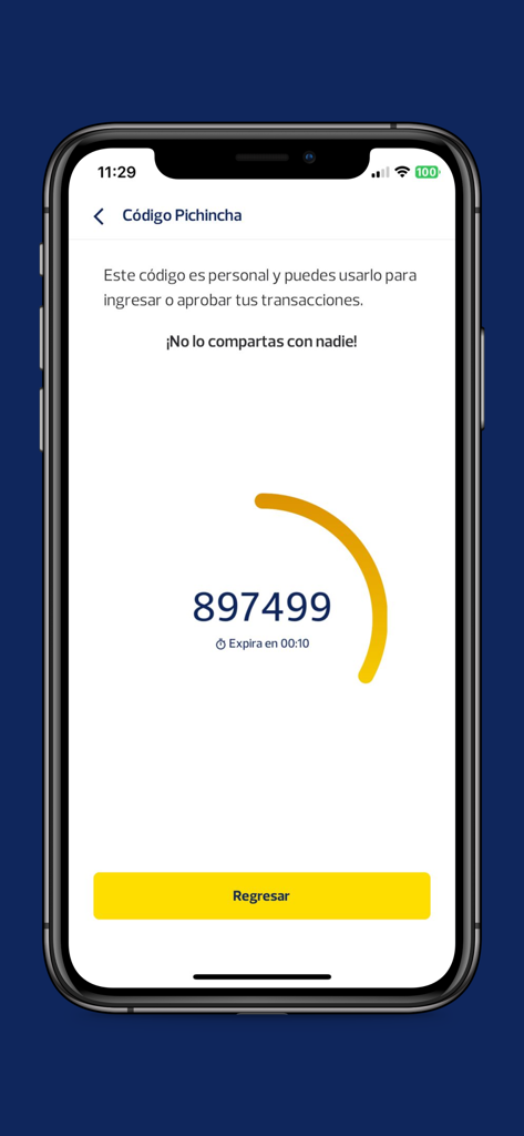 Pichincha Token mobile Benutzeroberfläche, die einen 6-stelligen Sicherheitscode und einen Ablauf-Timer anzeigt.