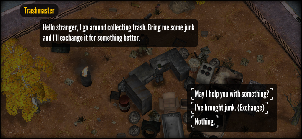 Hardboiled - Dialoginteraktion mit dem NPC Trashmaster in einer postapokalyptischen Umgebung