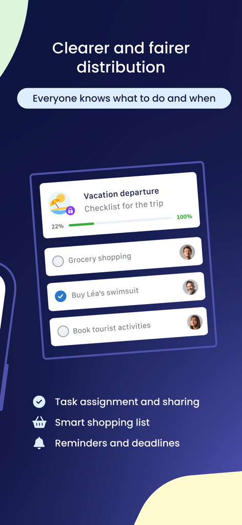Shared, the Family Organizer - Ein Screenshot der Shared-App, der eine Urlaubscheckliste mit an verschiedene Familienmitglieder delegierten Aufgaben zeigt, um die mentale Belastung zu verteilen.