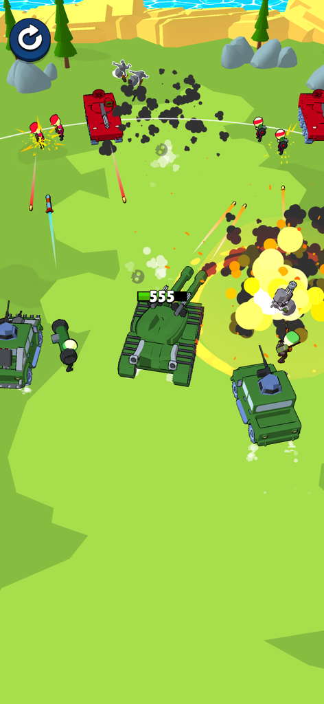 3D tank combat and explosions on a battlefield in Army Merge Tank Master