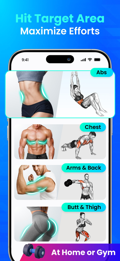 Interface of Home Workout app showing specific training zones for abs, chest, arms, back, butt, and thighs.