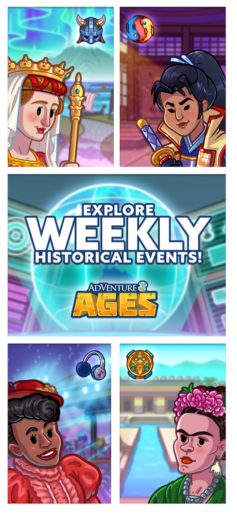 Un banner promocional de AdVenture Ages mostrando varios personajes históricos y eventos semanales.