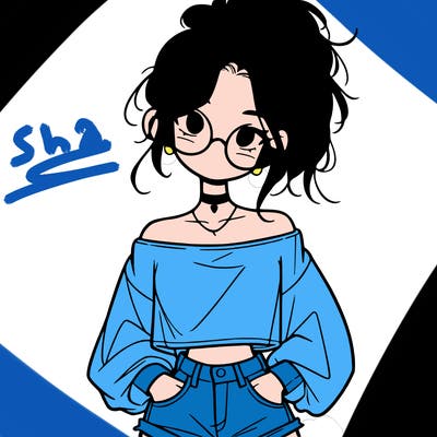 girl with a messy ponytail glasses a baggy crop top and jean shorts