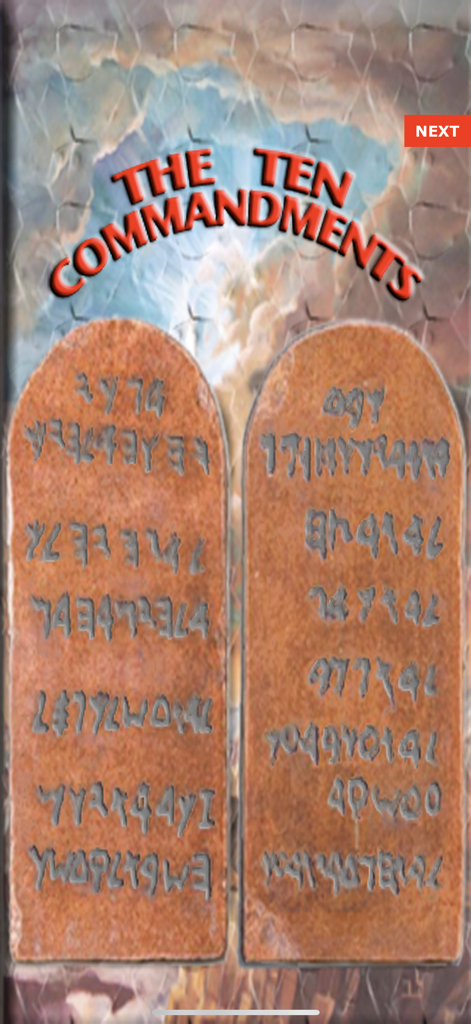 THE TEN COMMANDMENTS OF GOD. - Two stone tablets showing the Ten Commandments in ancient script with a heavenly background
