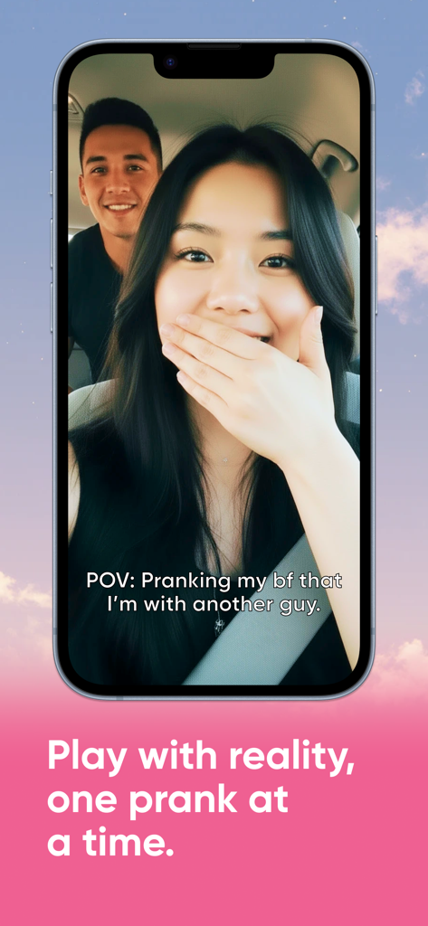 Delulu (by Decart) - Ein Smartphone-Screenshot der Delulu-App, der einen KI-generierten Foto-Streich mit einer Text-Überlagerung zeigt