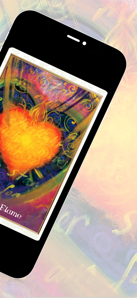 Smartphone displaying the Flame oracle card featuring a glowing orange heart from the Universal Love Healing Oracle app