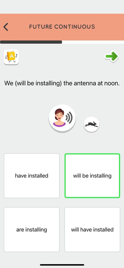 Learn English Grammar Easily - Pantalla de la aplicación móvil que muestra un cuestionario de gramática para el tiempo futuro continuo con respuestas de opción múltiple.