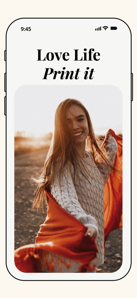 Printicular app home screen with slogan Love Life Print It and a smiling woman