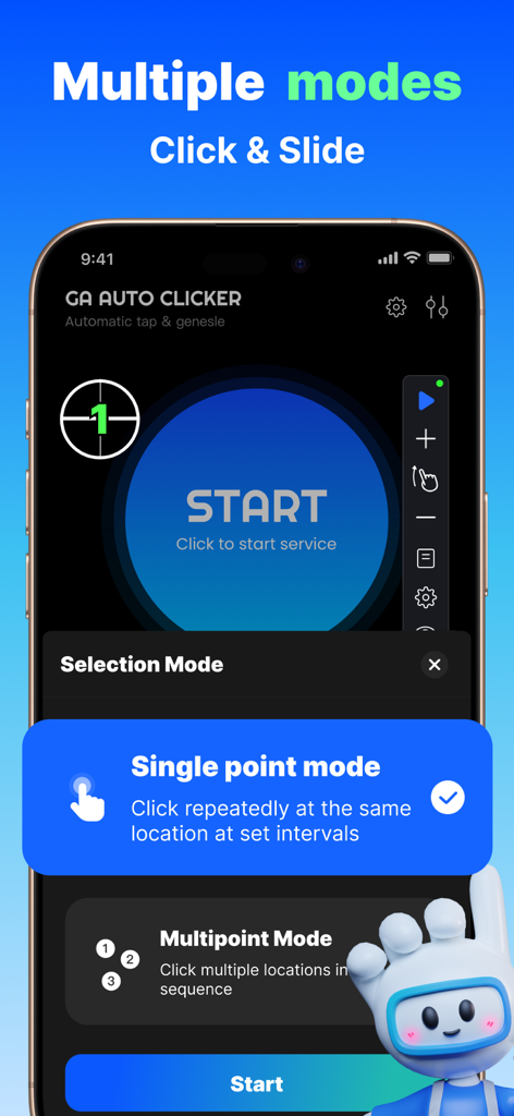Interface of the GA Auto Clicker app displaying options for single point and multipoint automatic tapping modes.