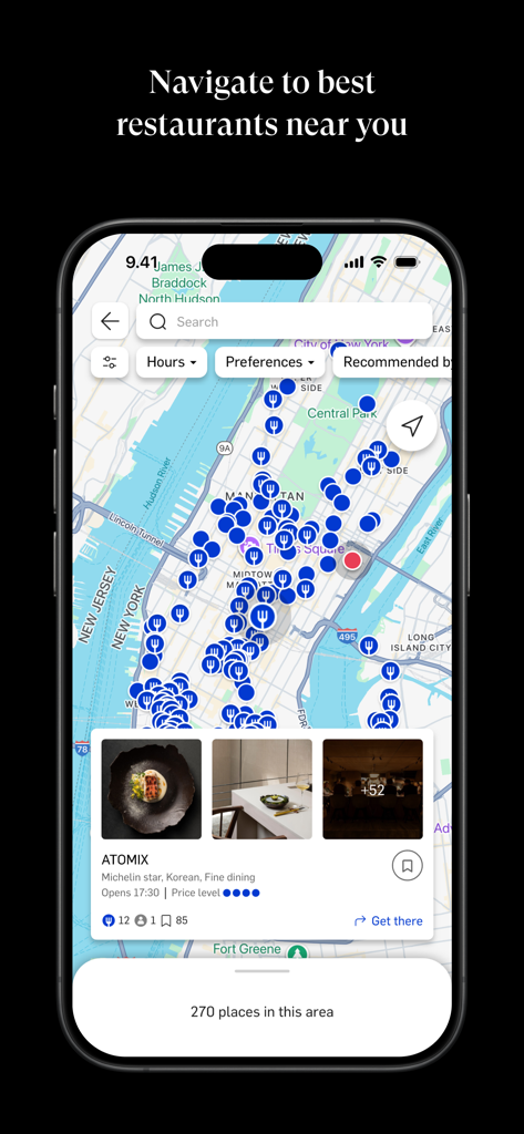 Map view of the World of Mouth app showing curated restaurant recommendations in New York City including Michelin star dining.