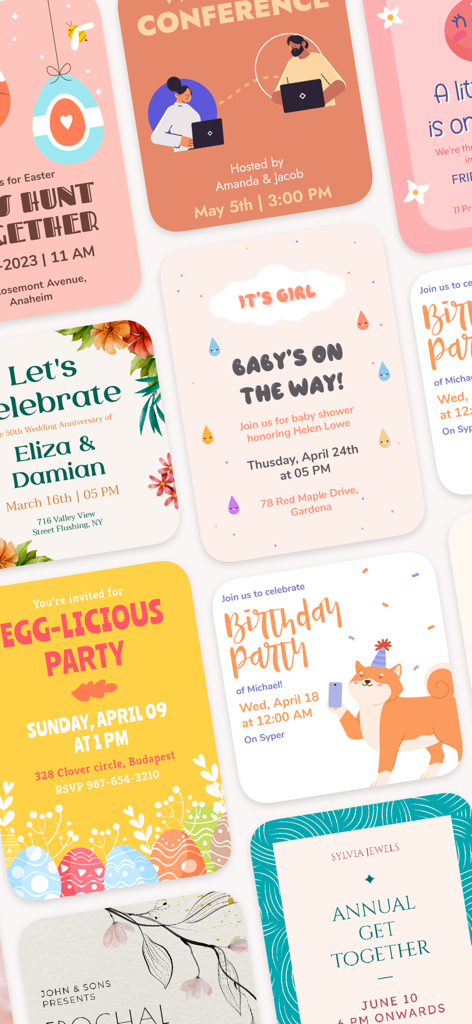 Un collage de plantillas de invitaciones digitales coloridas y profesionales para diversos eventos sociales