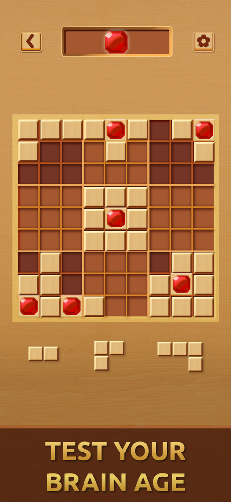Gemdoku: Wood Block Puzzle - Cuadrícula de rompecabezas de bloques de madera Gemdoku con gemas rojas y un banner que dice pon a prueba la edad de tu cerebro