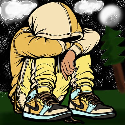 depressed man wearing hoodie and jordan shoes and baggy jeans