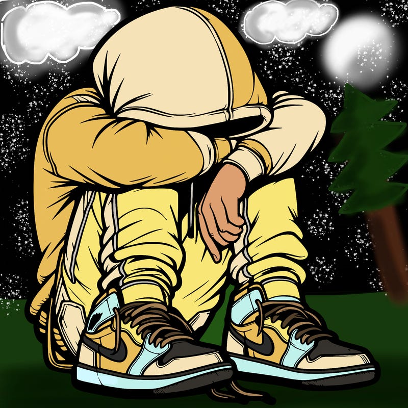 depressed man wearing hoodie and jordan shoes and baggy jeans