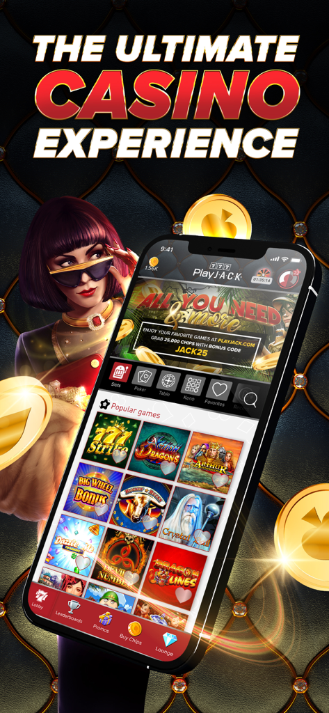 PlayJACK Slots - Interfaccia dell'app mobile PlayJACK Slots che mostra giochi di slot popolari e uno sfondo glamour da casinò