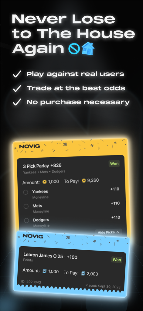Novig - Novig app screen showing winning sports parlay and player prop tickets with peer to peer trading benefits.