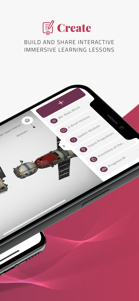 Eine mobile Oberfläche, die ein 3D-Raumschiffmodell und Werkzeuge zur Erstellung immersiver AR-Lernlektionen in der EON-XR App zeigt