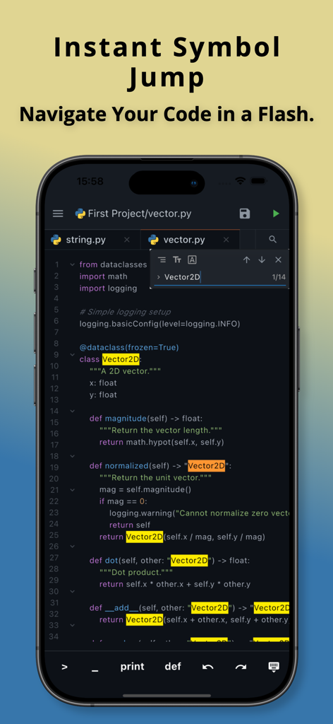 Aplicación móvil Python3IDE mostrando la función de salto de símbolo instantáneo para una navegación rápida del código