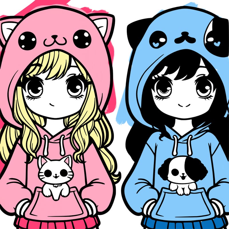 girl wearing cat hoodie and sister wearing dog hoodie